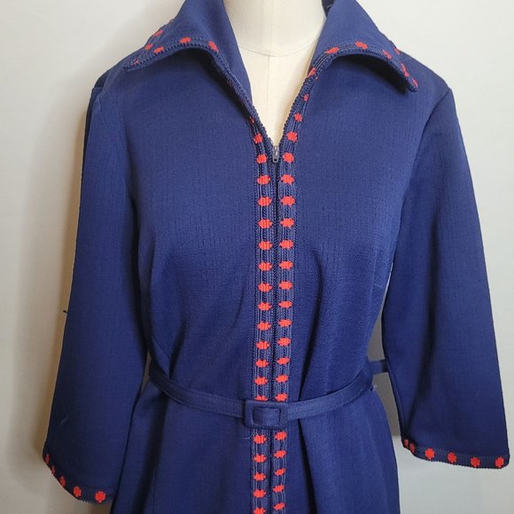 Vintage Dress Damon Dress Navy Blue Red Trim Zip Front Belted Collar 60s Retro - Picture 2 of 13